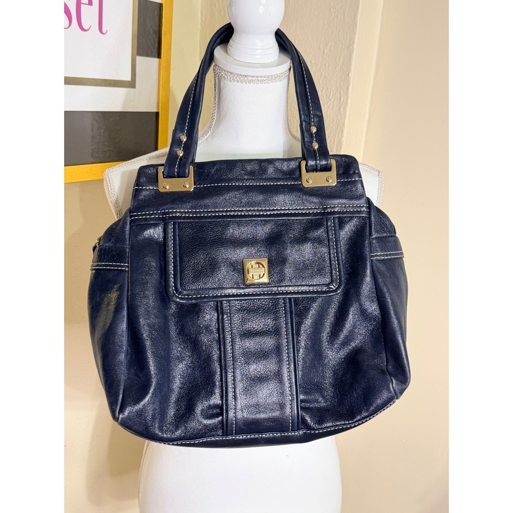 Kate Spade Navy Blue Pebbled Leather Satchel Bag Gold Hardware White Stitching